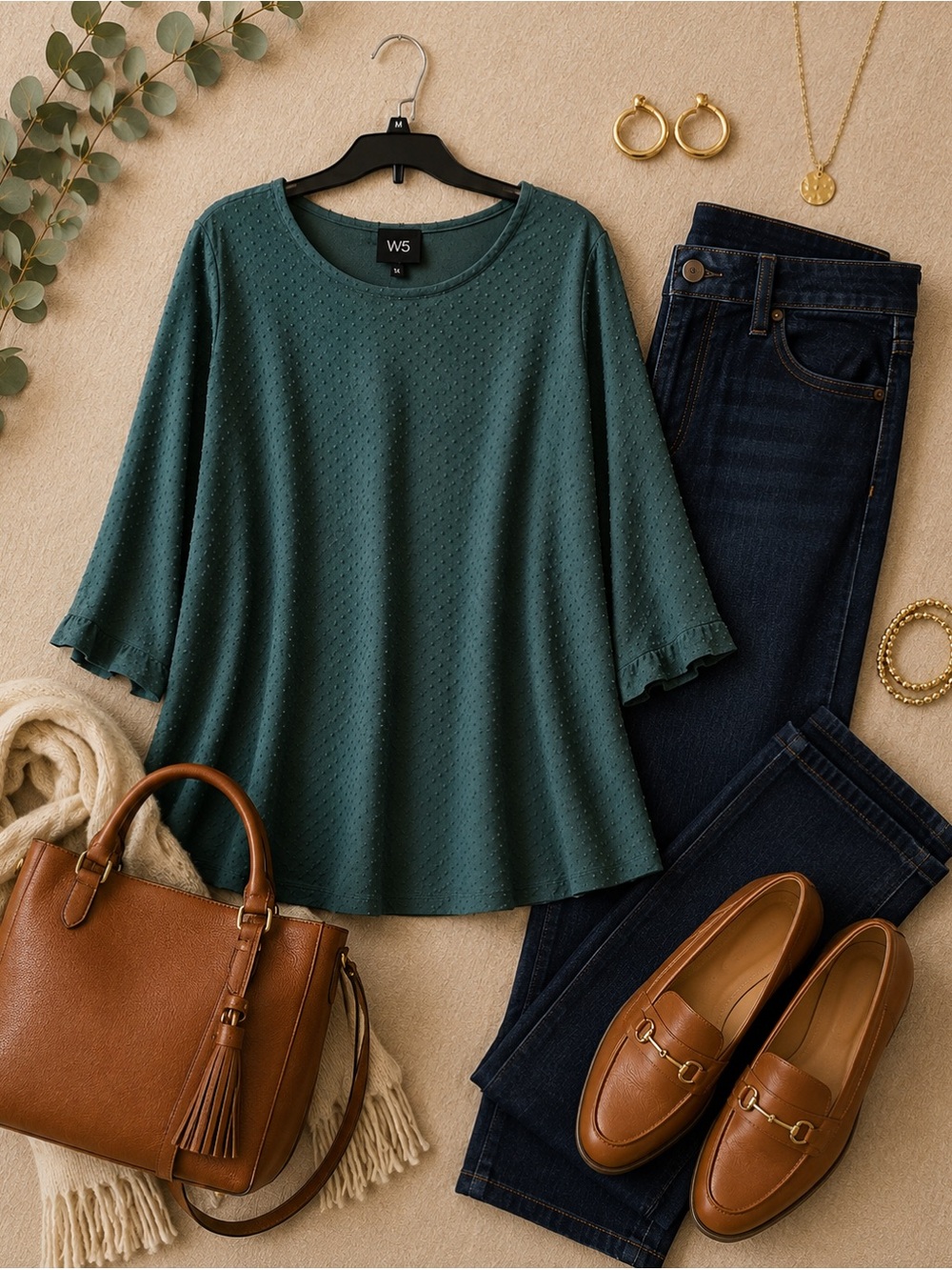 W5 Women's Deep Teal Textured Ruffle Sleeve Top
